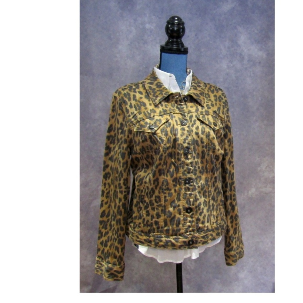 Style & Co Denim Brown Animal Print Jean Jacket L
